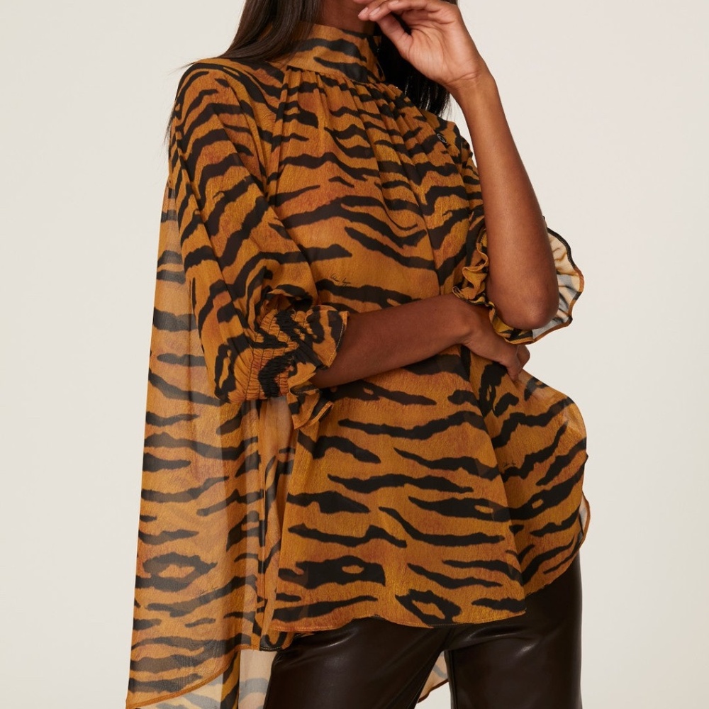 Adam Lippes Collective Tiger Print Mock Neck Blouse, 2